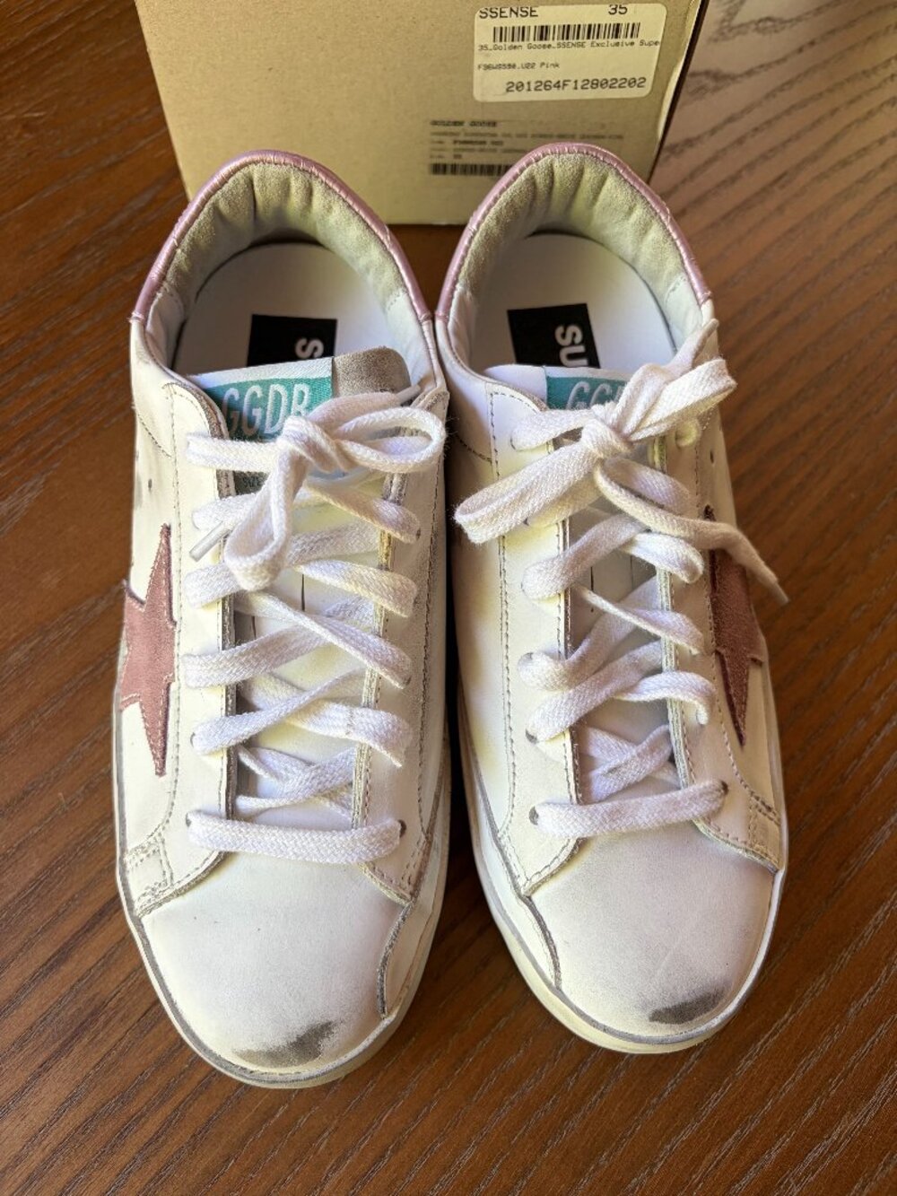 Auth NIB Golden Goose Super Star White Leather Pink Star Size 35